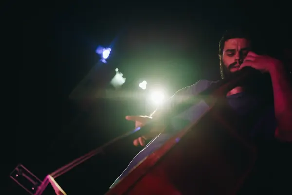 Richi playing the double bass in the dark, lit by a spotlight and green lights